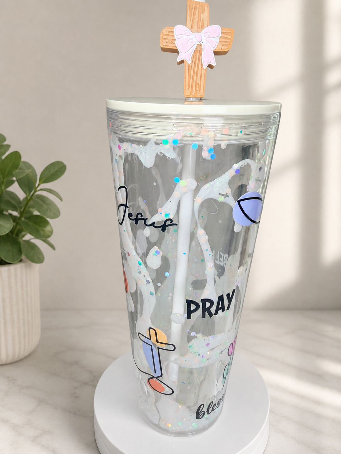 24 oz Faith Inspired Lava Snow Globe Acrylic Tumbler | White Lava & Cross Glitter