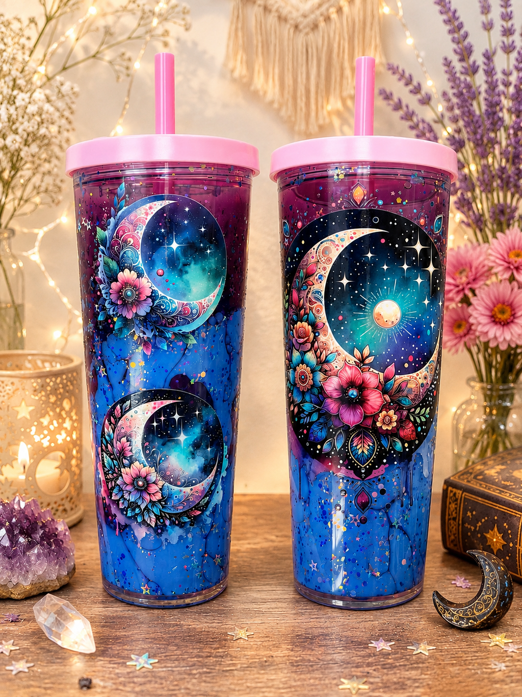 24oz Magical Moon & Floral Dual Lava Acrylic Tumbler