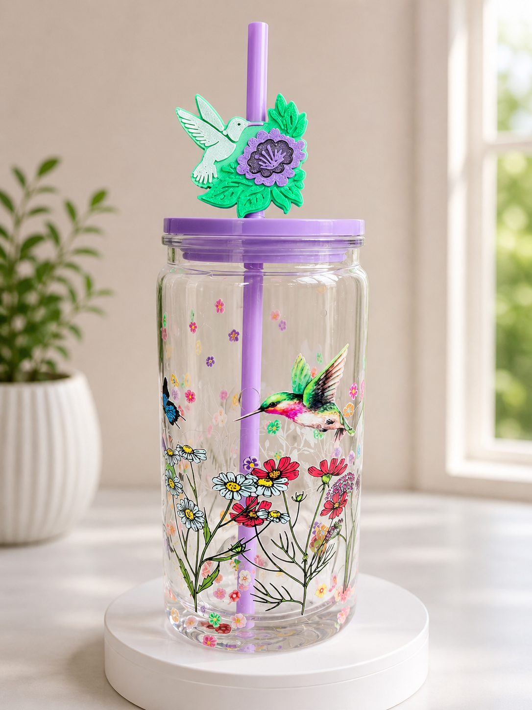 16 oz Lava Acrylic Snow Globe Tumbler | Hummingbird & Flowers