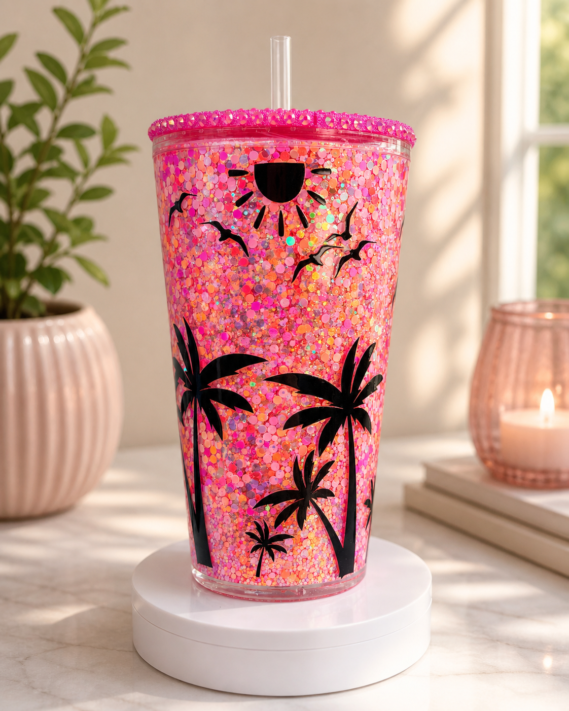 16 oz Tapered Acrylic Snow Globe Tumbler | Sunset- Pink, Orange, & Glow Glitter