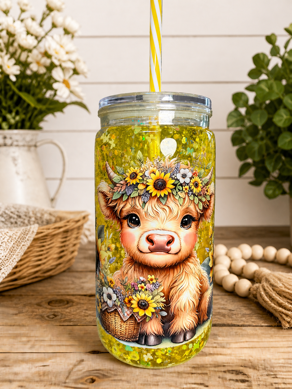 Cow & Sunflowers- 16 ounce Acrylic Snow Globe Cup