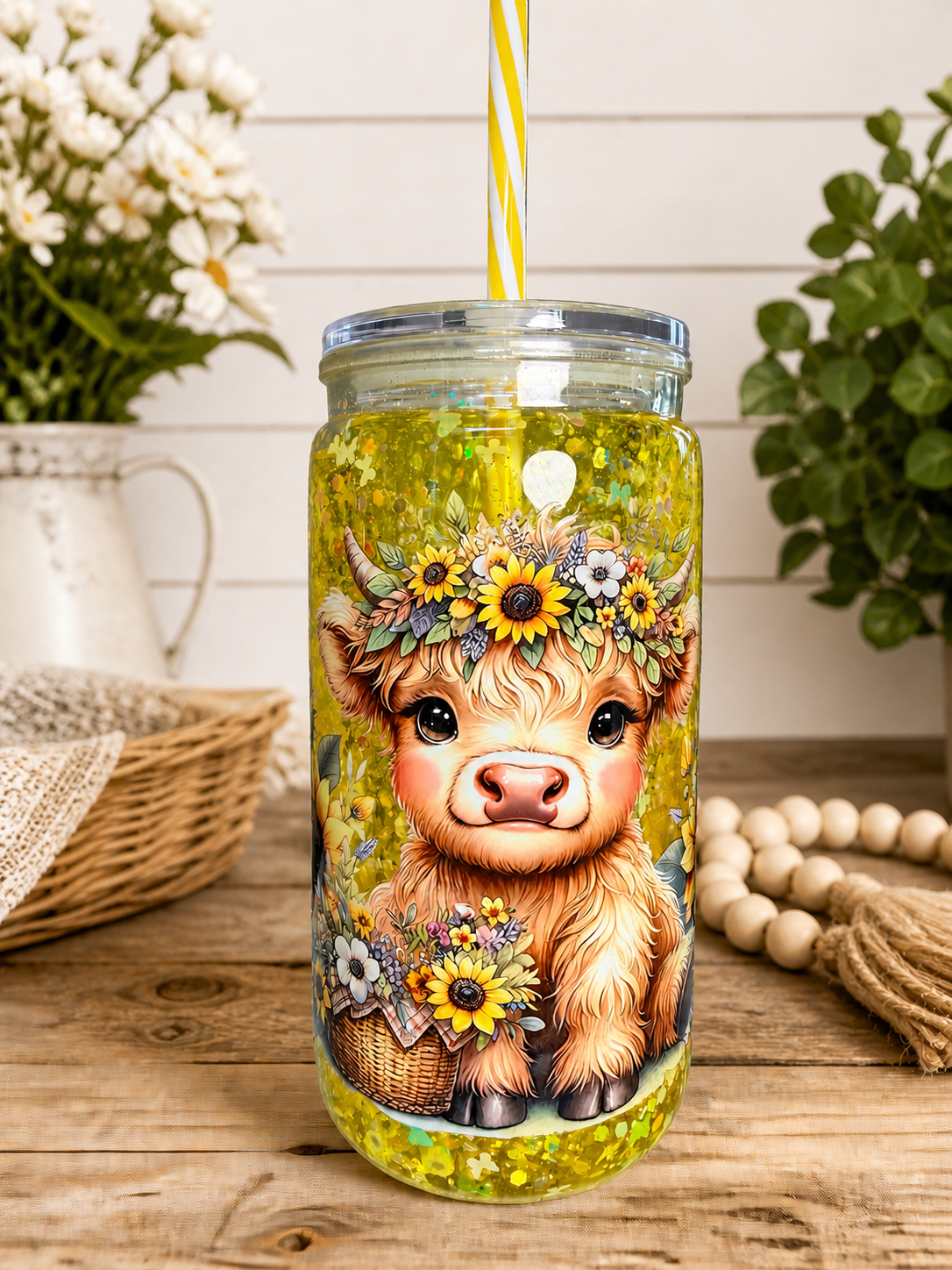 Cow & Sunflowers- 16 ounce Acrylic Snow Globe Cup