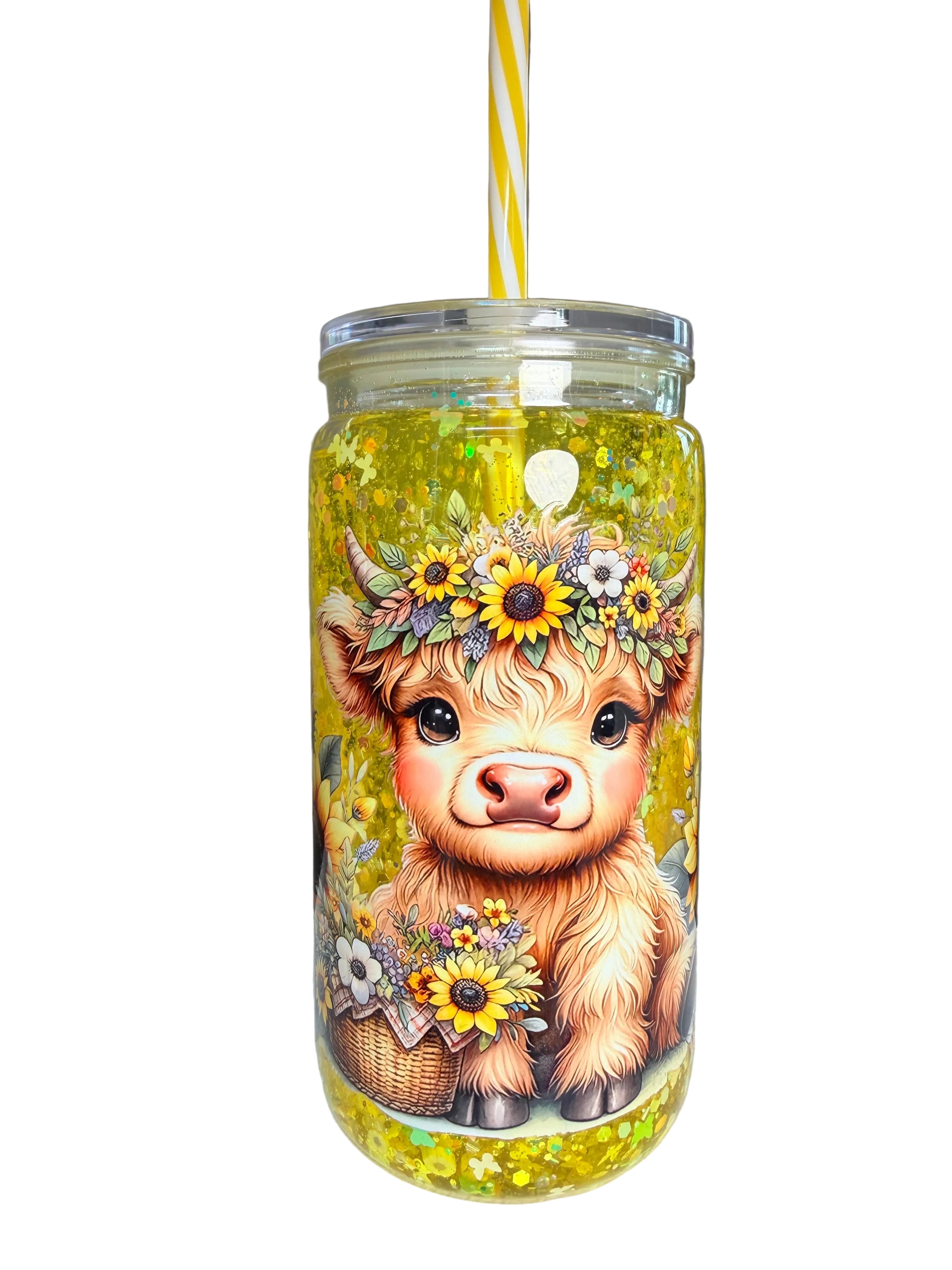 Cow & Sunflowers- 16 ounce Acrylic Snow Globe Cup