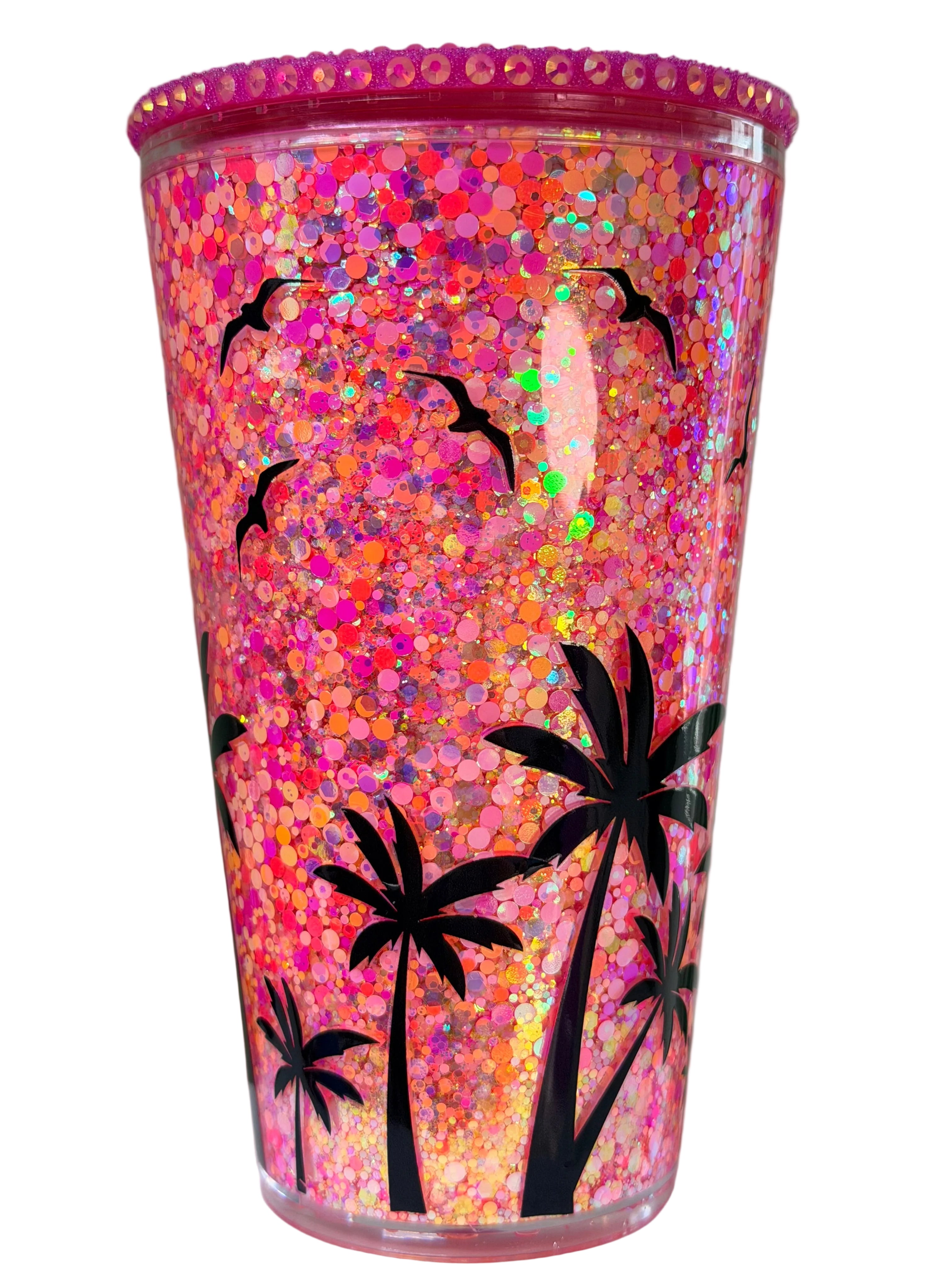 16 oz Tapered Acrylic Snow Globe Tumbler | Sunset- Pink, Orange, & Glow Glitter
