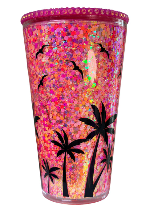 16 oz Tapered Acrylic Snow Globe Tumbler | Sunset- Pink, Orange, & Glow Glitter
