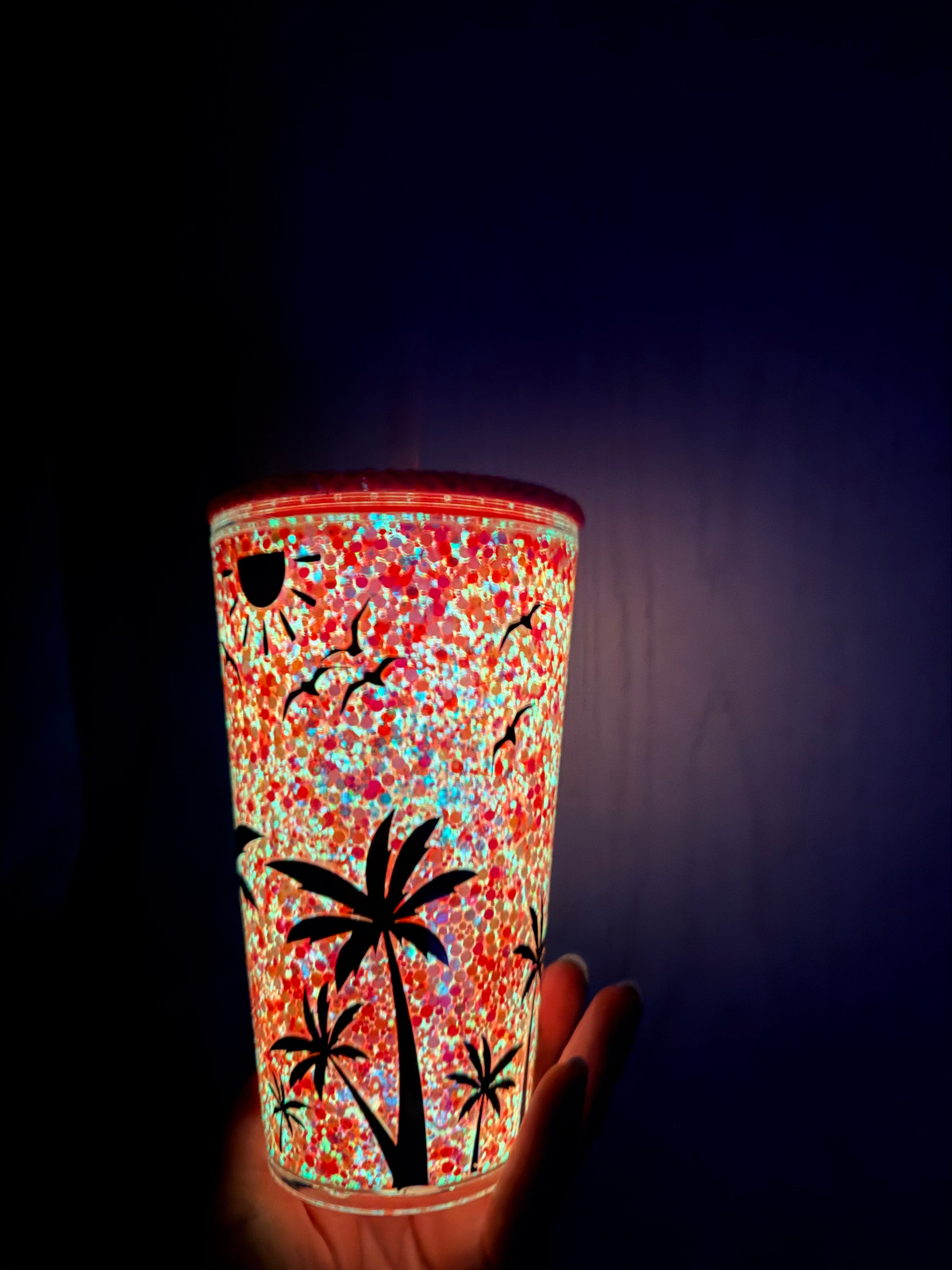 16 oz Tapered Acrylic Snow Globe Tumbler | Sunset- Pink, Orange, & Glow Glitter