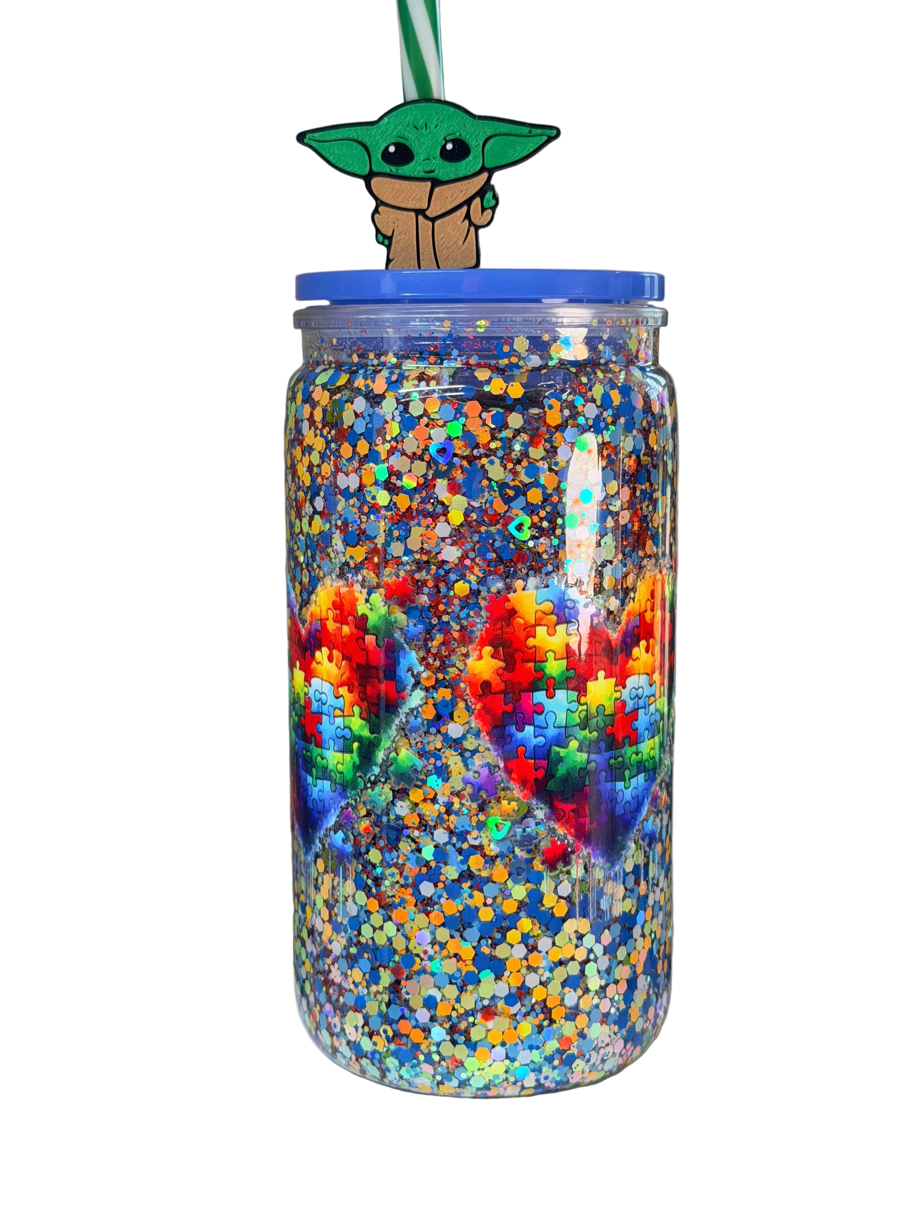 16 oz Autism Awareness Acrylic Snow Globe Tumbler | Yoda Topper