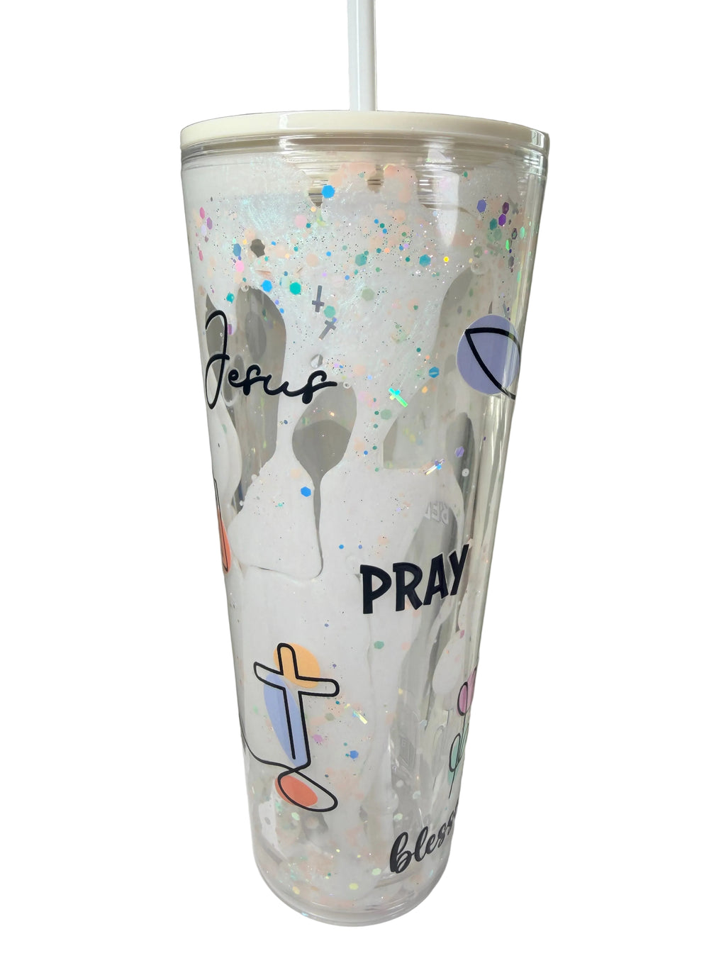 24 oz Faith Inspired Lava Snow Globe Acrylic Tumbler | White Lava & Cross Glitter