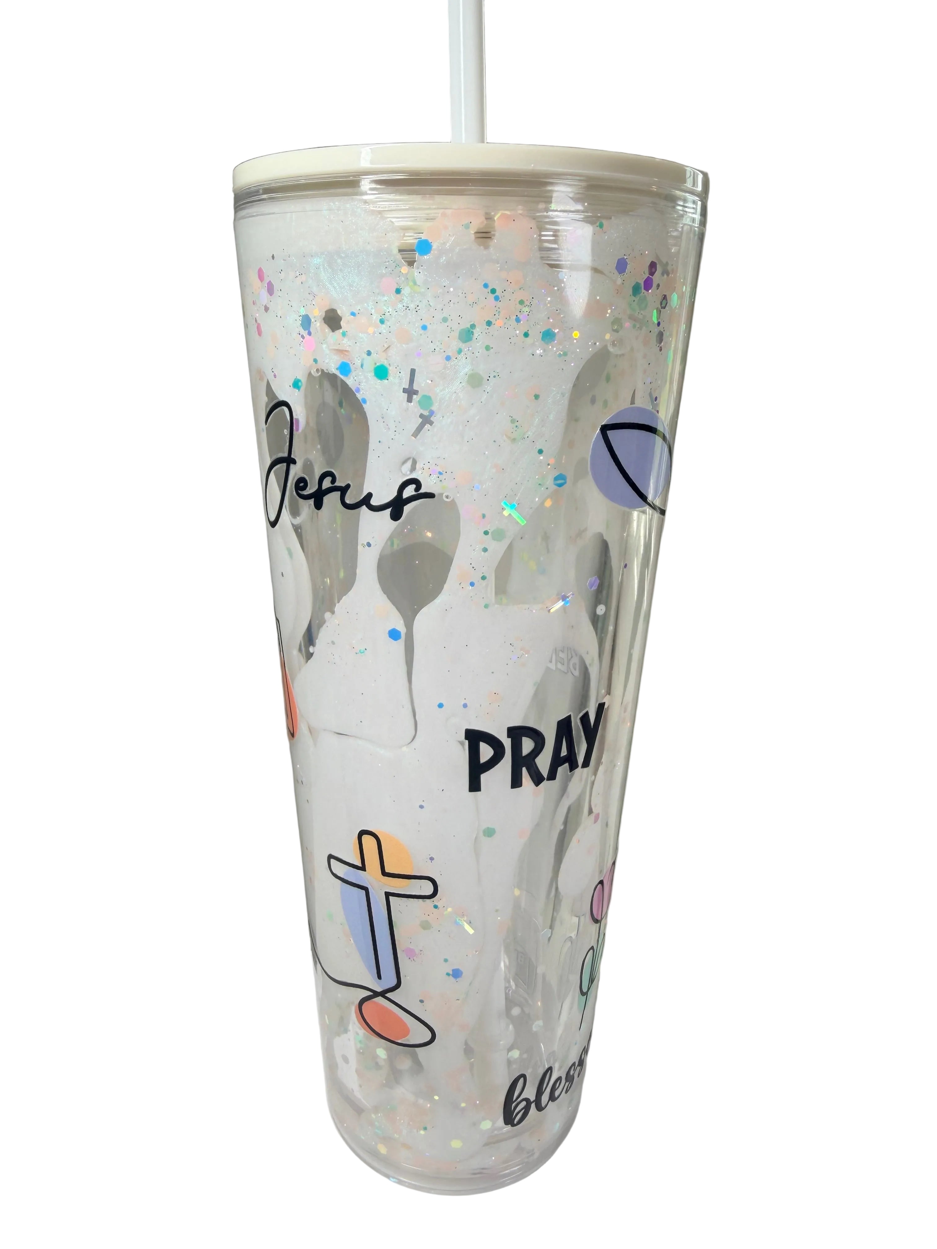 24 oz Faith Inspired Lava Snow Globe Acrylic Tumbler | White Lava & Cross Glitter