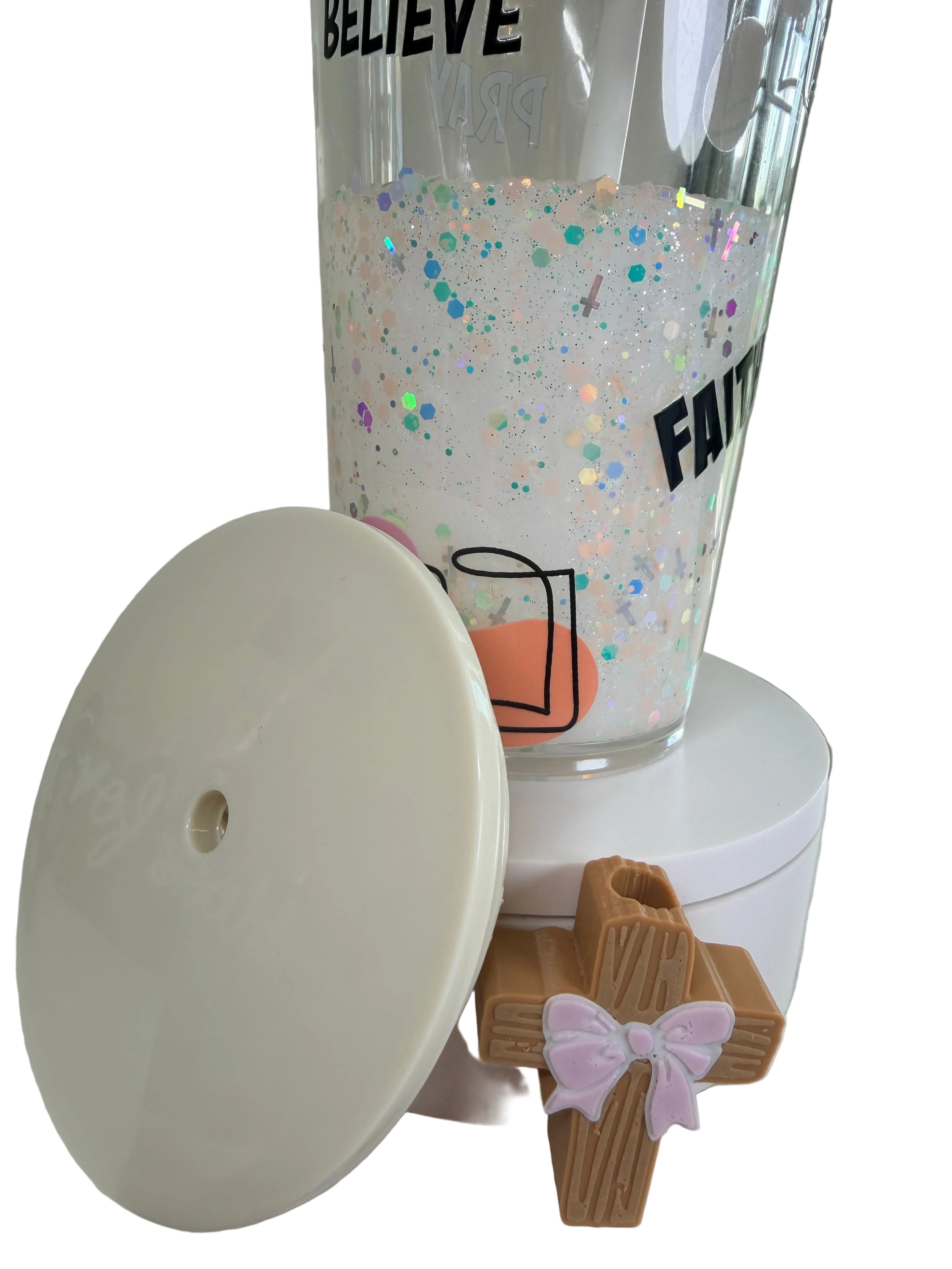 24 oz Faith Inspired Lava Snow Globe Acrylic Tumbler | White Lava & Cross Glitter