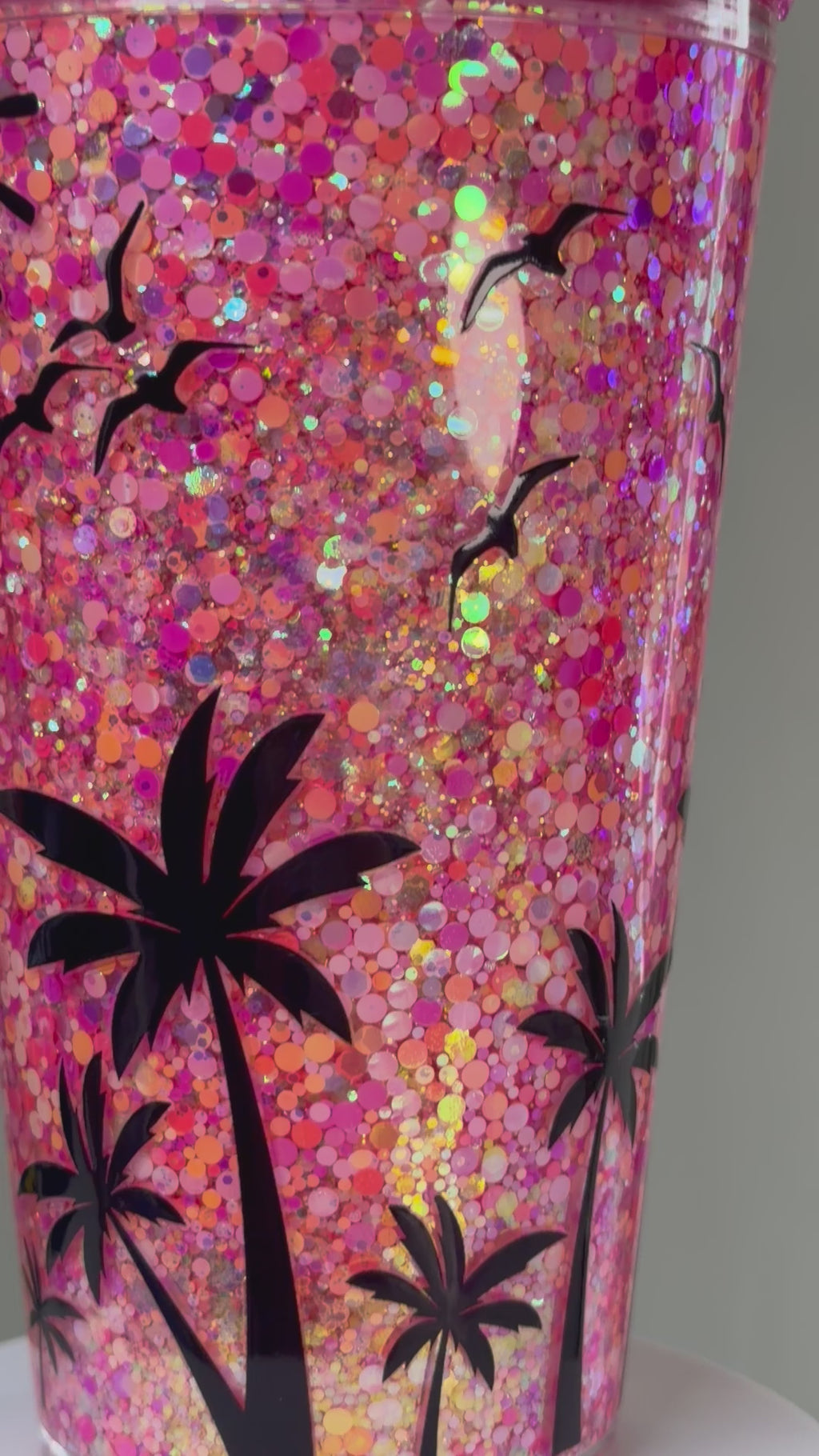 16 oz Tapered Acrylic Snow Globe Tumbler | Sunset- Pink, Orange, & Glow Glitter