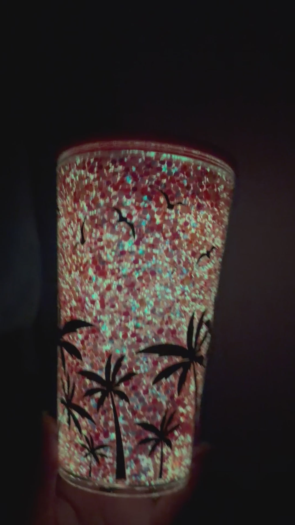 16 oz Tapered Acrylic Snow Globe Tumbler | Sunset- Pink, Orange, & Glow Glitter